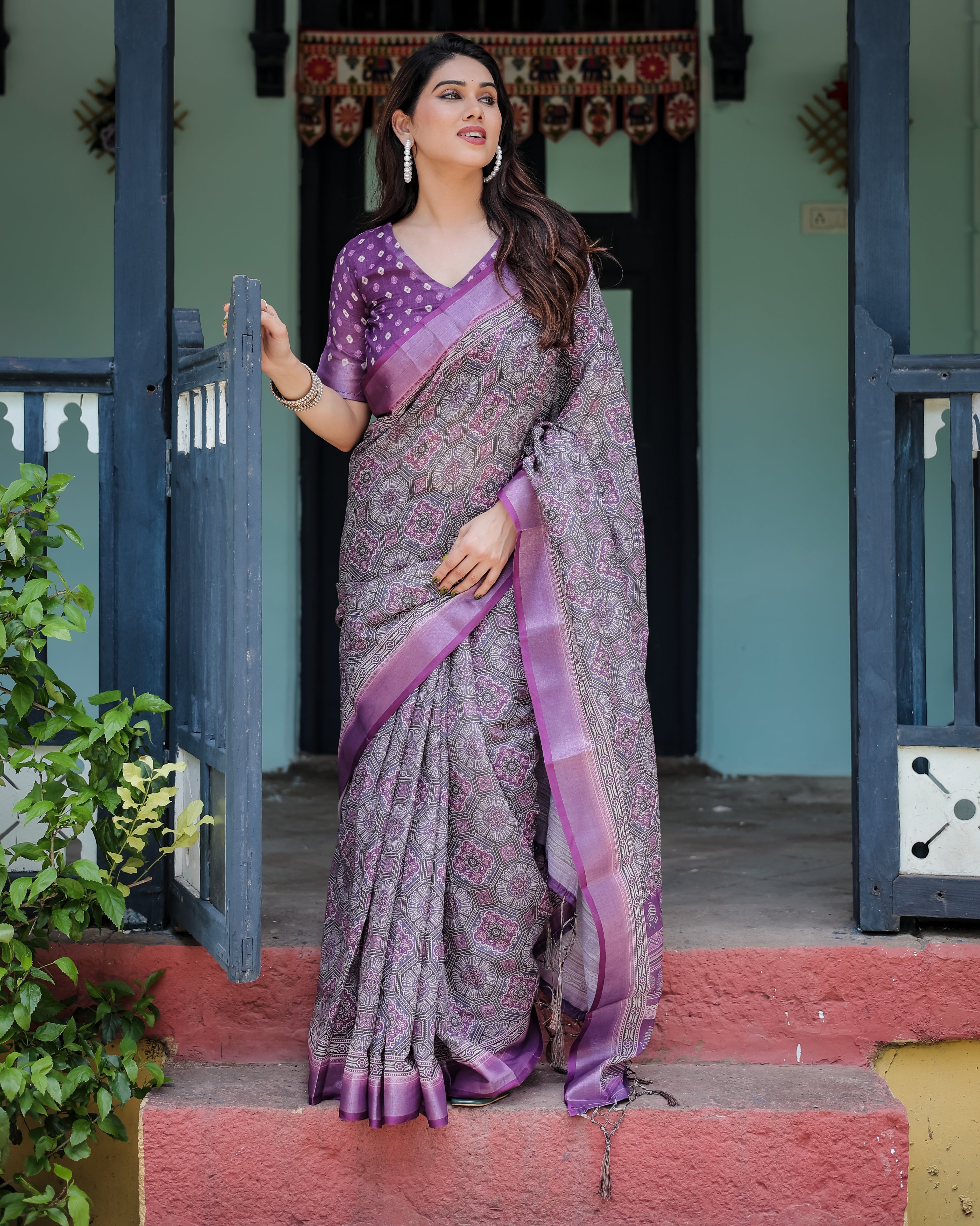 Elegant Purple Cotton Linen Saree with Geometric Motif and Blouse LINEN