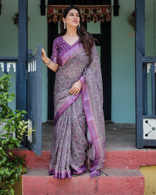 Elegant Purple Cotton Linen Saree with Geometric Motif and Blouse LINEN