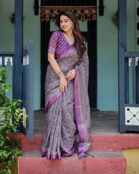 Elegant Purple Cotton Linen Saree with Geometric Motif and Blouse LINEN Main image