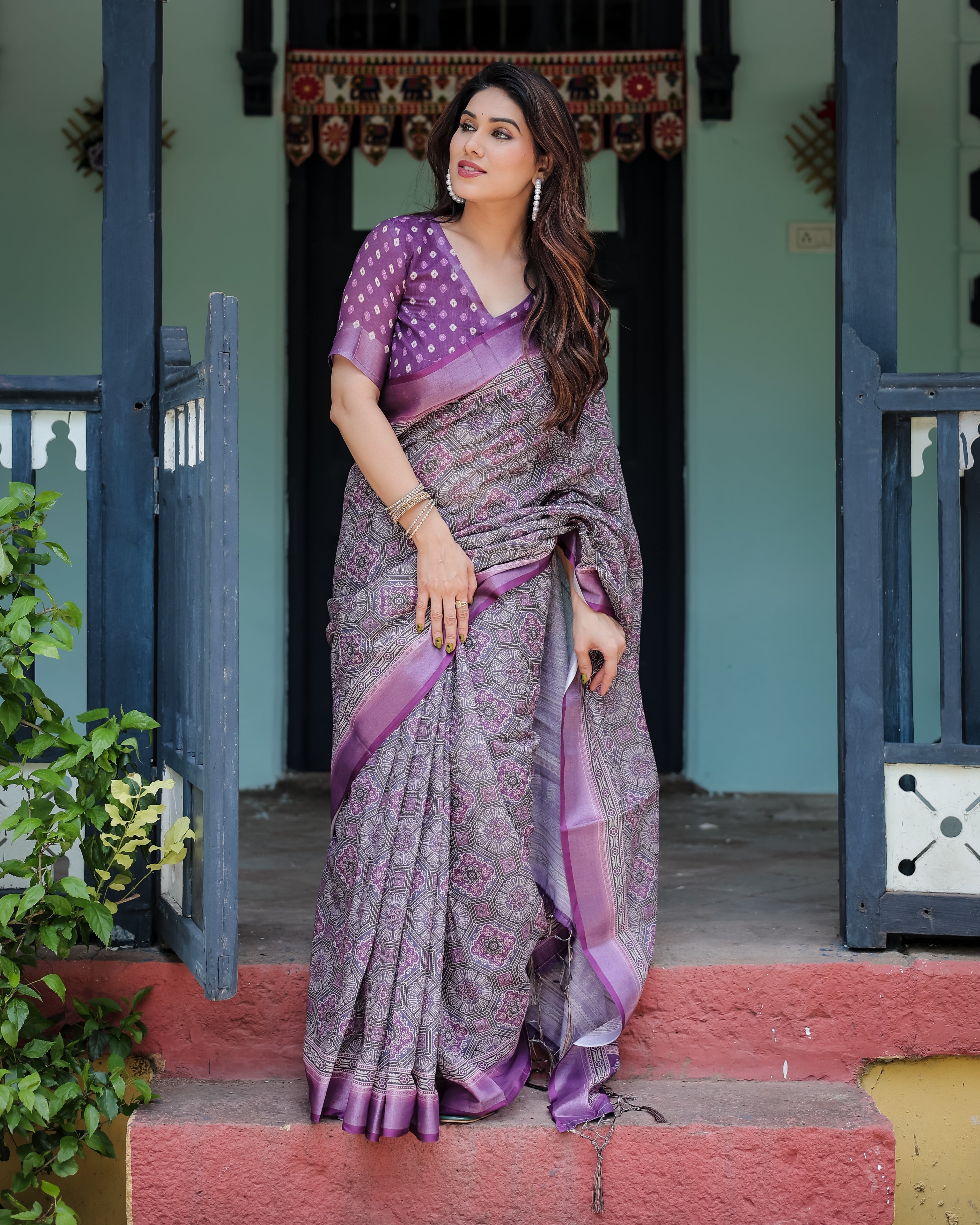 Elegant Purple Cotton Linen Saree with Geometric Motif and Blouse LINEN