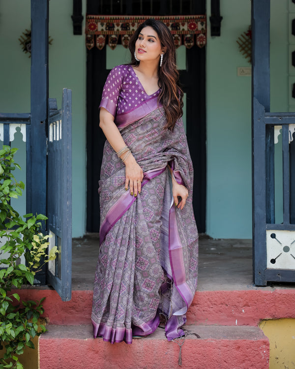 Elegant Purple Cotton Linen Saree with Geometric Motif and Blouse LINEN