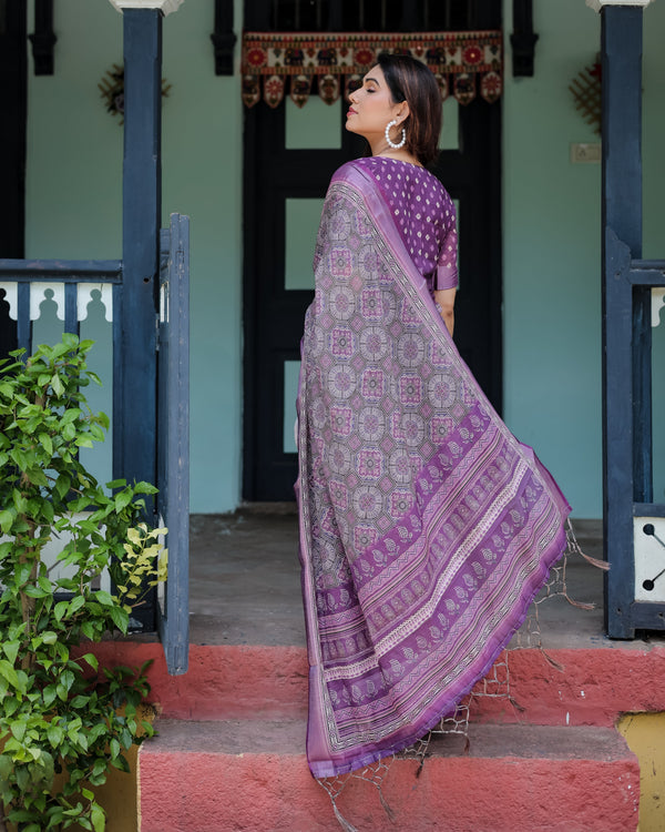 Elegant Purple Cotton Linen Saree with Geometric Motif and Blouse LINEN
