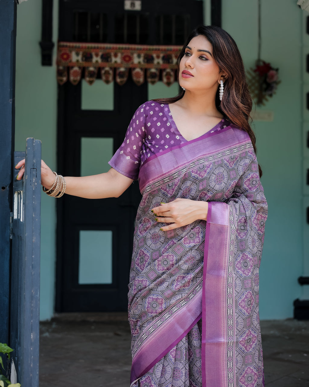 Elegant Purple Cotton Linen Saree with Geometric Motif and Blouse LINEN