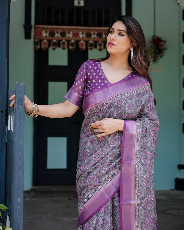 Elegant Purple Cotton Linen Saree with Geometric Motif and Blouse LINEN