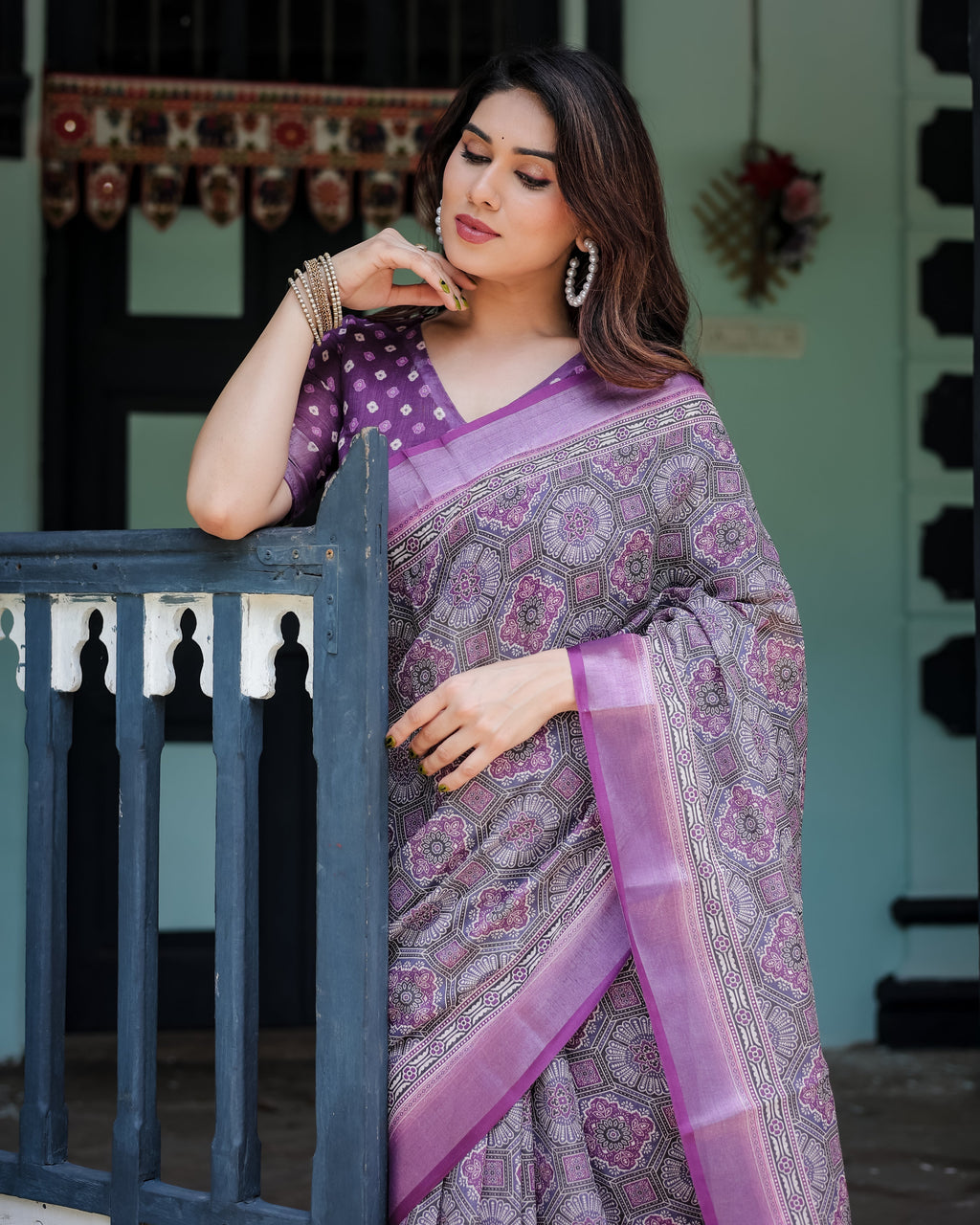 Elegant Purple Cotton Linen Saree with Geometric Motif and Blouse LINEN
