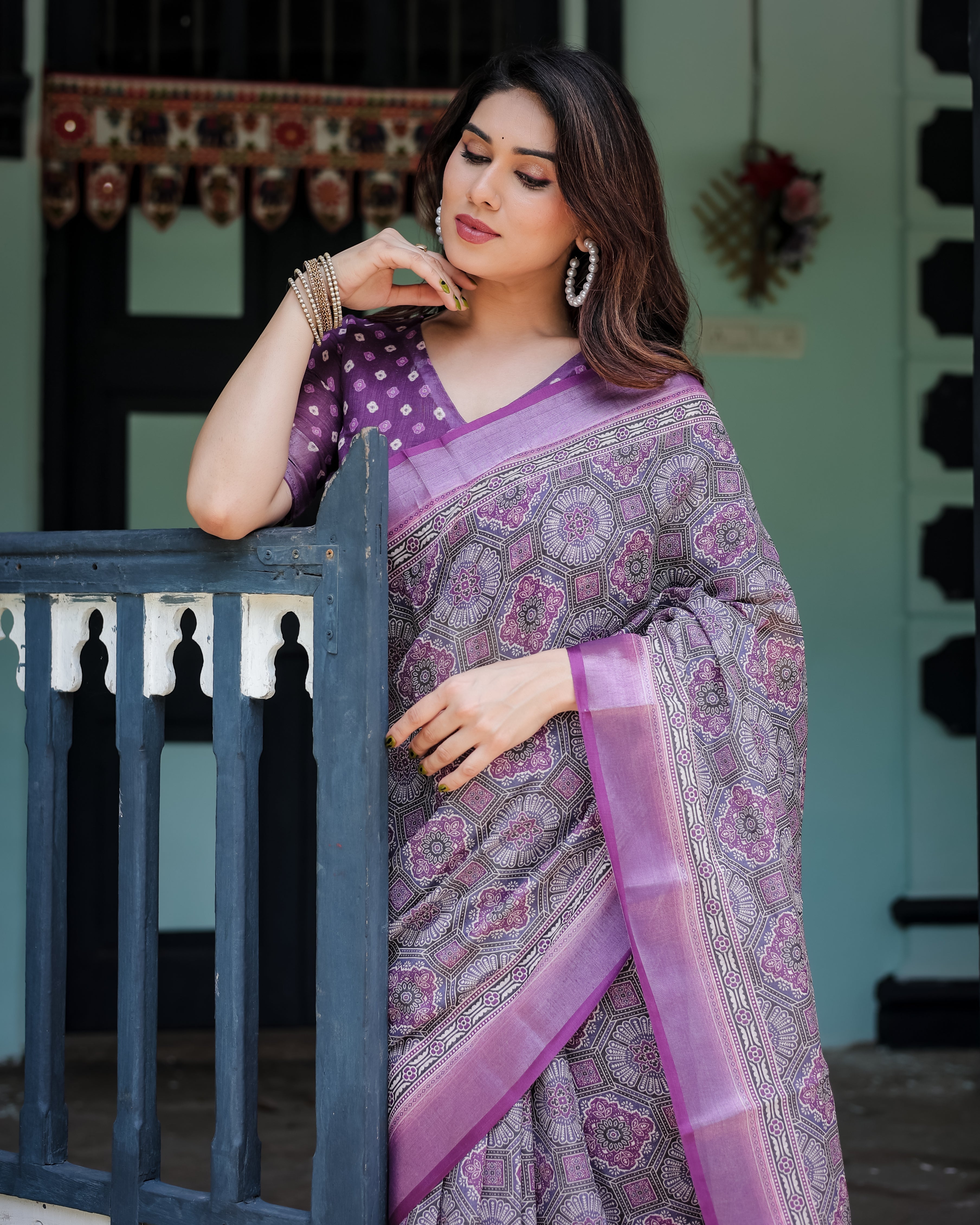 Elegant Purple Cotton Linen Saree with Geometric Motif and Blouse LINEN