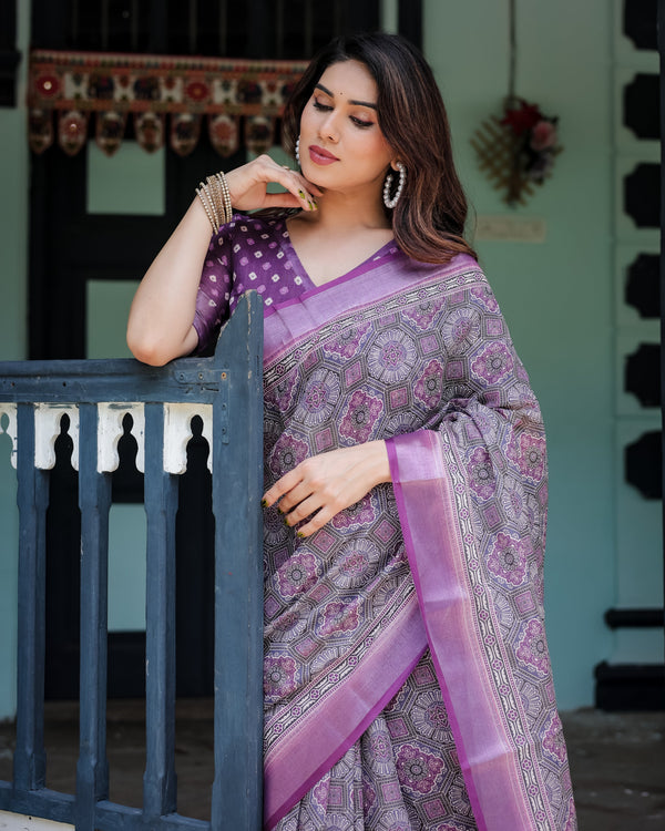 Elegant Purple Cotton Linen Saree with Geometric Motif and Blouse LINEN