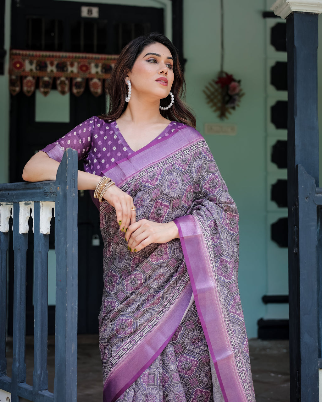 Elegant Purple Cotton Linen Saree with Geometric Motif and Blouse LINEN