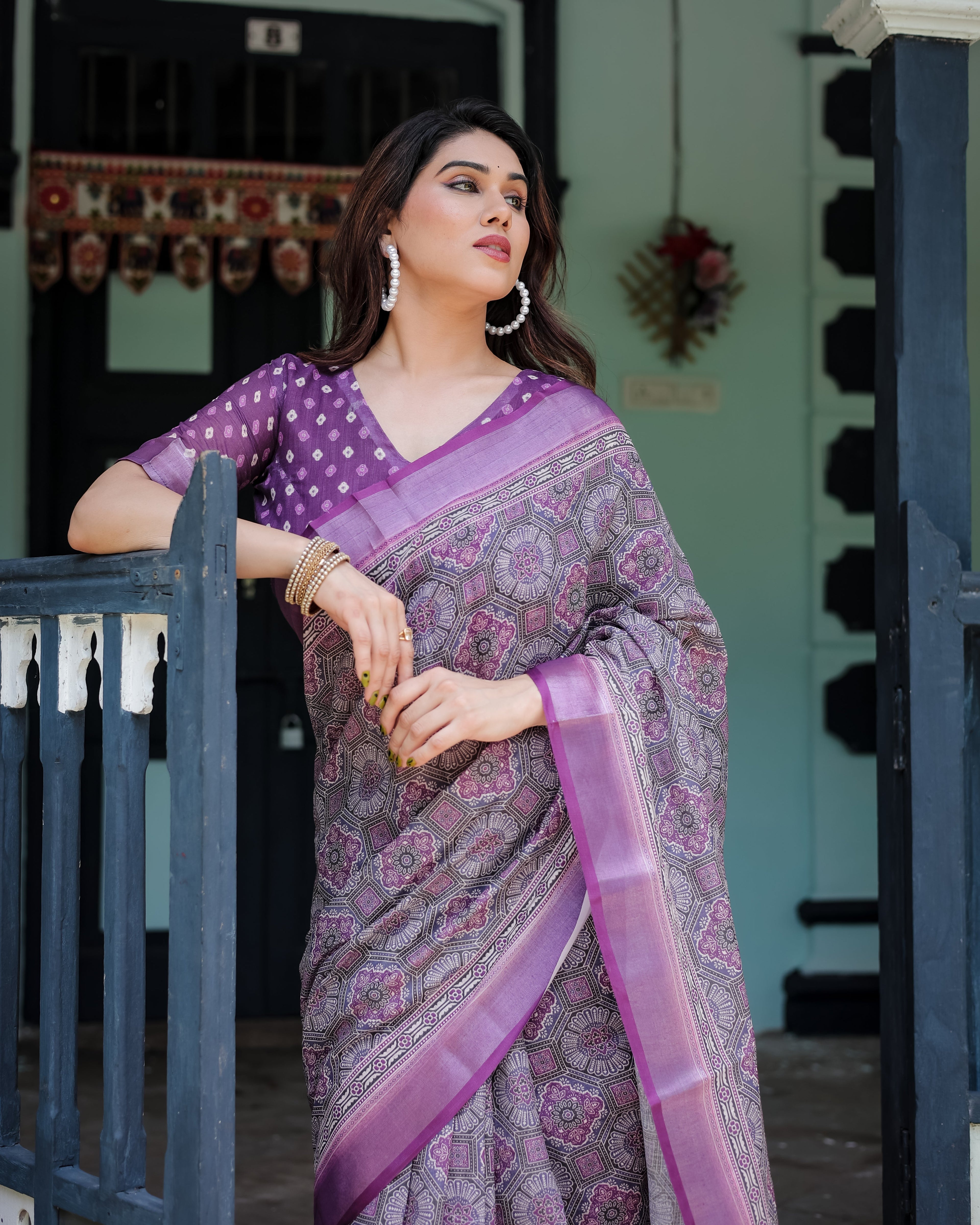 Elegant Purple Cotton Linen Saree with Geometric Motif and Blouse LINEN