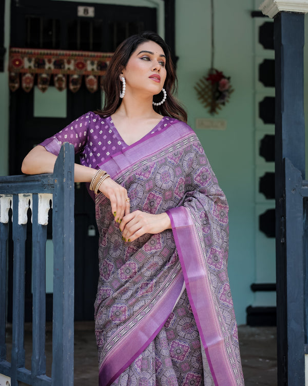 Elegant Purple Cotton Linen Saree with Geometric Motif and Blouse LINEN