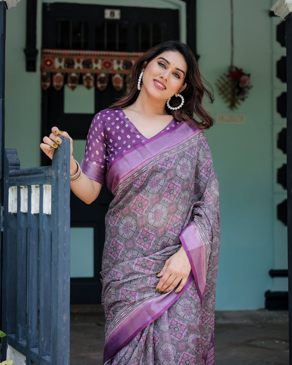 Elegant Purple Cotton Linen Saree with Geometric Motif and Blouse LINEN
