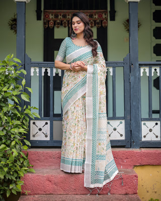 Elegant Floral Printed Pure Cotton Linen Saree in Ivory with Teal Border and Blouse, Tassels on Edges LINEN