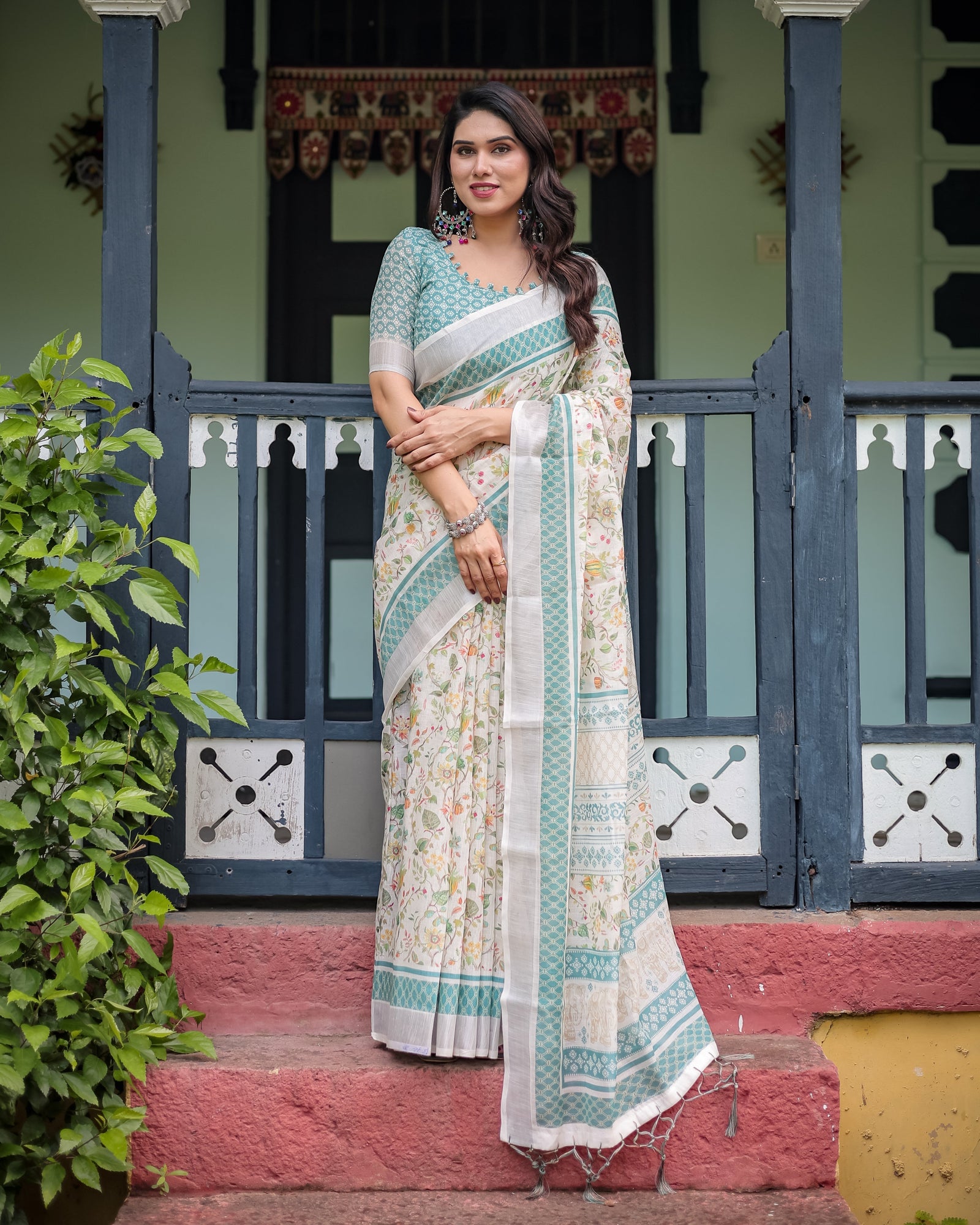 Elegant Floral Printed Pure Cotton Linen Saree in Ivory with Teal Border and Blouse, Tassels on Edges LINEN