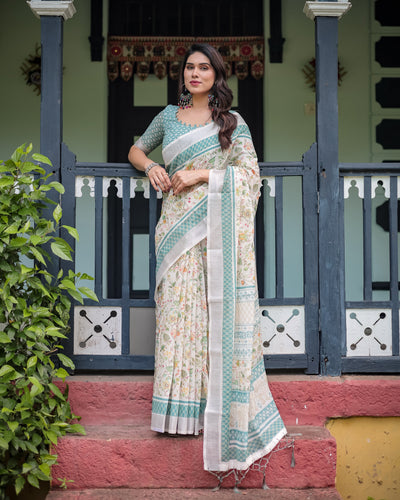 Elegant Floral Printed Pure Cotton Linen Saree in Ivory with Teal Border and Blouse, Tassels on Edges LINEN