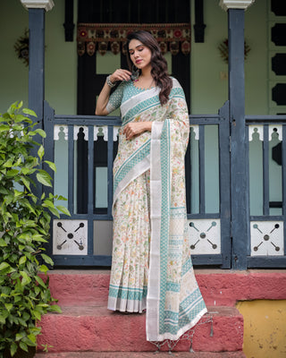 Elegant Floral Printed Pure Cotton Linen Saree in Ivory with Teal Border and Blouse, Tassels on Edges LINEN