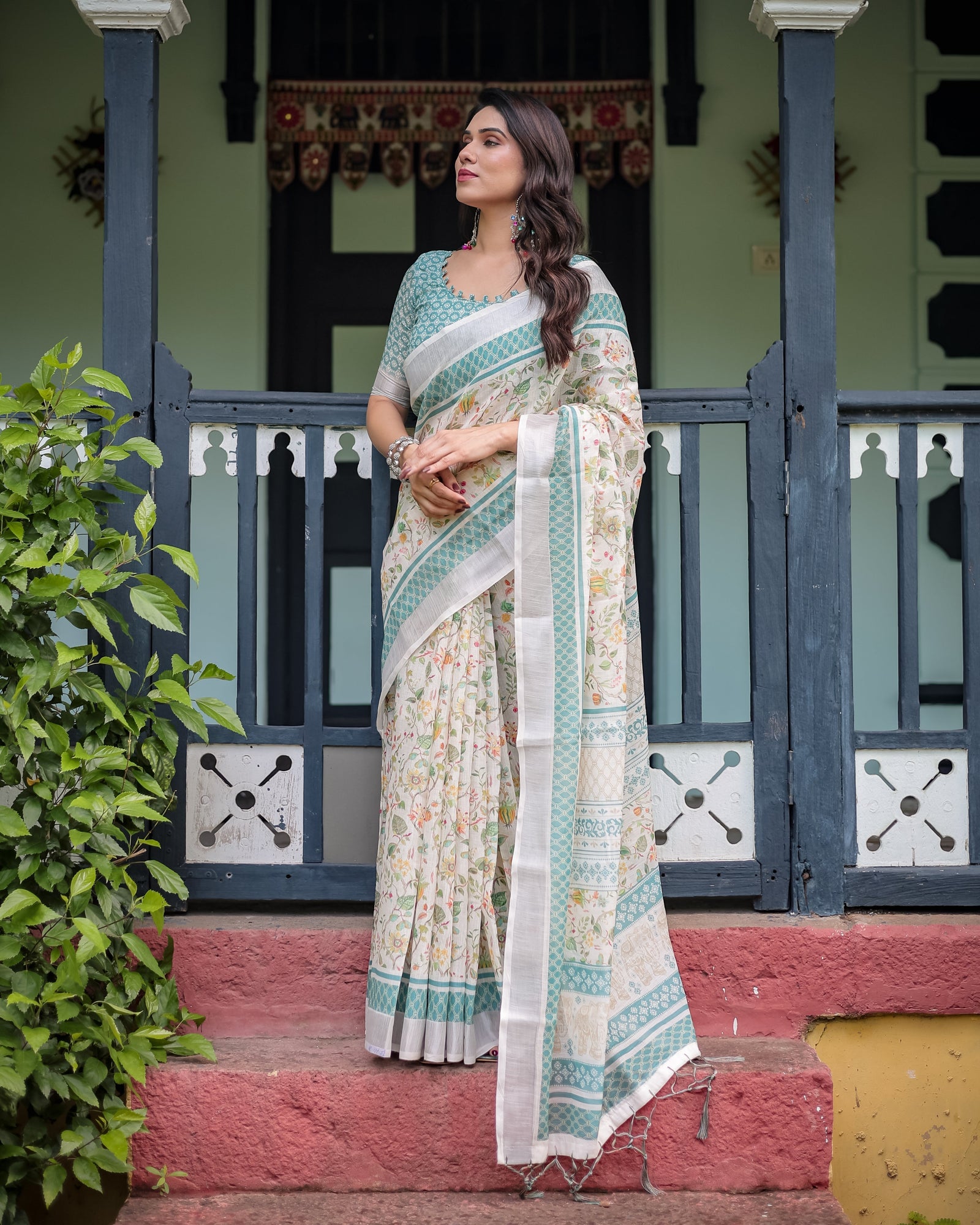 Elegant Floral Printed Pure Cotton Linen Saree in Ivory with Teal Border and Blouse, Tassels on Edges LINEN
