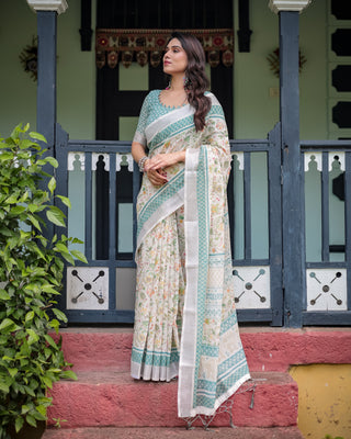 Elegant Floral Printed Pure Cotton Linen Saree in Ivory with Teal Border and Blouse, Tassels on Edges LINEN