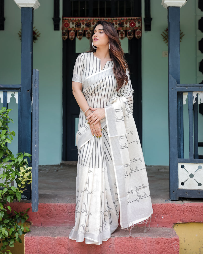 White and Black Pure Cotton Linen Saree with Striped Pattern, Blouse, and Tassel Detailing LINEN