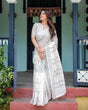 Load image into Gallery viewer, White and Black Pure Cotton Linen Saree with Striped Pattern, Blouse, and Tassel Detailing LINEN
