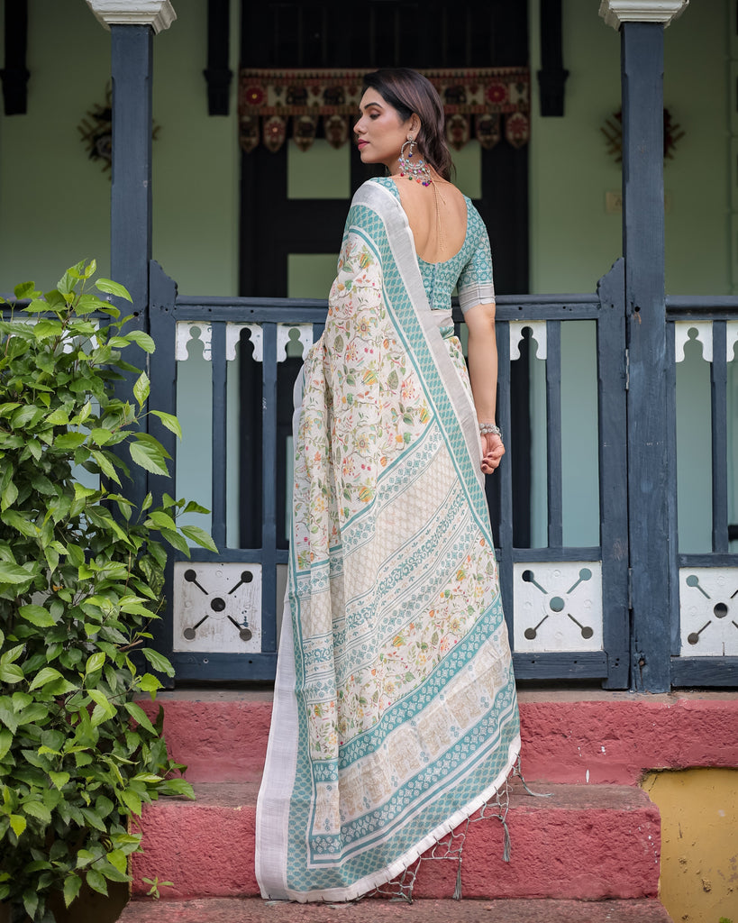 Elegant Floral Printed Pure Cotton Linen Saree in Ivory with Teal Border and Blouse, Tassels on Edges LINEN