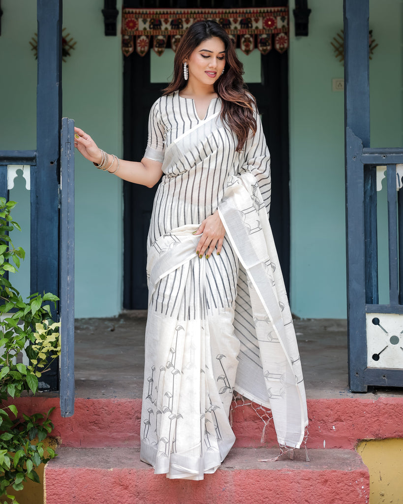 White and Black Pure Cotton Linen Saree with Striped Pattern, Blouse, and Tassel Detailing LINEN