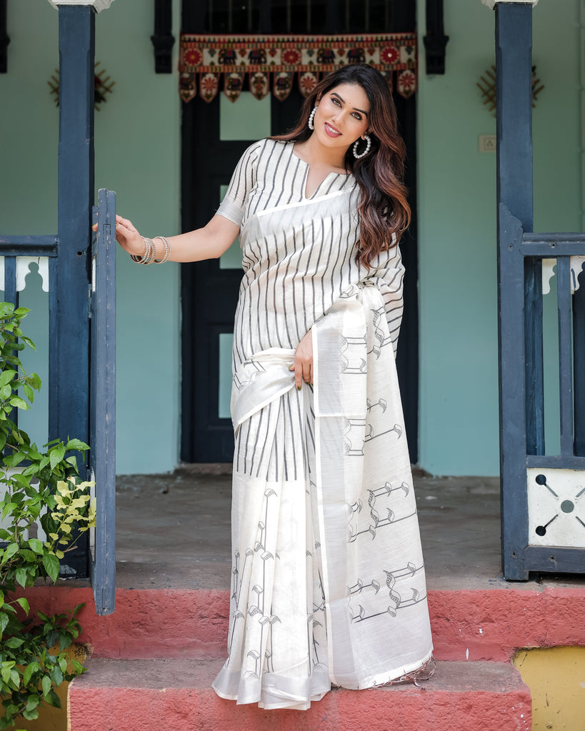 White and Black Pure Cotton Linen Saree with Striped Pattern, Blouse, and Tassel Detailing LINEN