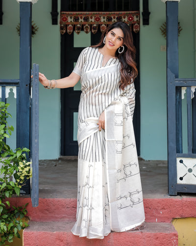 White and Black Pure Cotton Linen Saree with Striped Pattern, Blouse, and Tassel Detailing LINEN