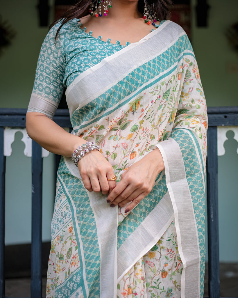 Elegant Floral Printed Pure Cotton Linen Saree in Ivory with Teal Border and Blouse, Tassels on Edges LINEN