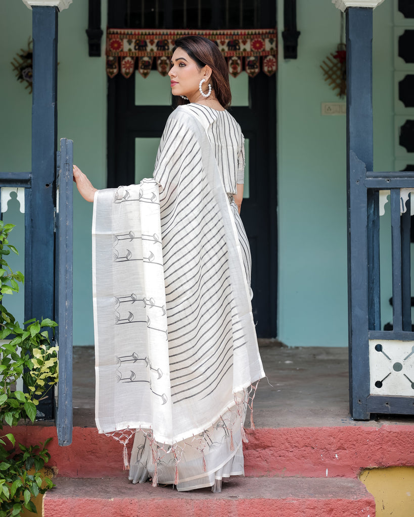 White and Black Pure Cotton Linen Saree with Striped Pattern, Blouse, and Tassel Detailing LINEN