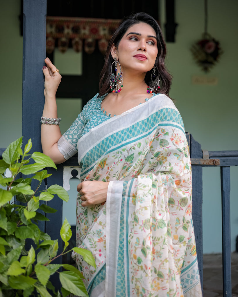 Elegant Floral Printed Pure Cotton Linen Saree in Ivory with Teal Border and Blouse, Tassels on Edges LINEN