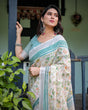Load image into Gallery viewer, Elegant Floral Printed Pure Cotton Linen Saree in Ivory with Teal Border and Blouse, Tassels on Edges LINEN
