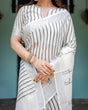 Load image into Gallery viewer, White and Black Pure Cotton Linen Saree with Striped Pattern, Blouse, and Tassel Detailing LINEN