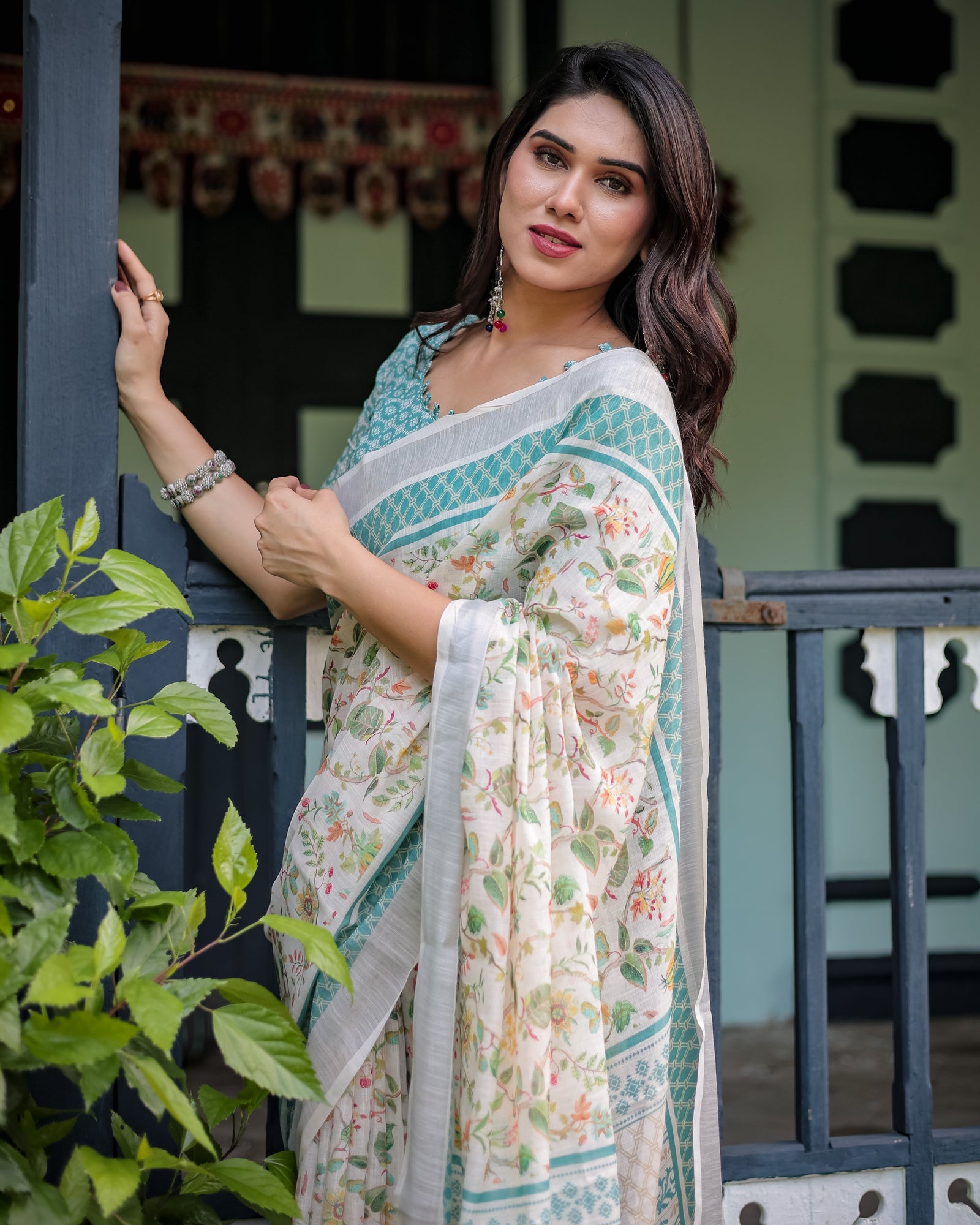 Elegant Floral Printed Pure Cotton Linen Saree in Ivory with Teal Border and Blouse, Tassels on Edges LINEN
