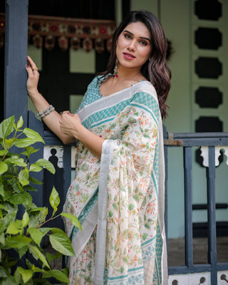 Elegant Floral Printed Pure Cotton Linen Saree in Ivory with Teal Border and Blouse, Tassels on Edges LINEN