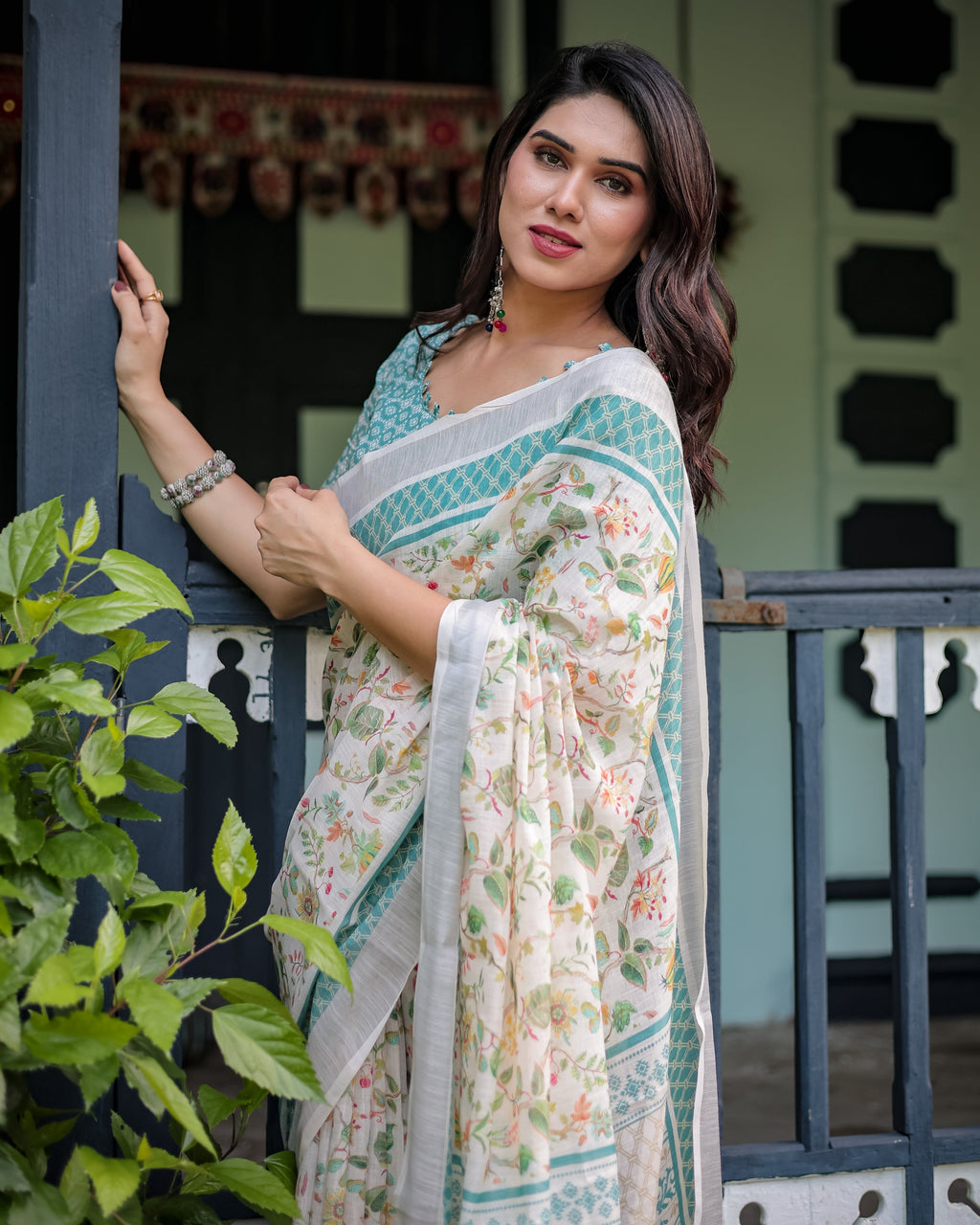 Elegant Floral Printed Pure Cotton Linen Saree in Ivory with Teal Border and Blouse, Tassels on Edges LINEN