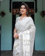 Load image into Gallery viewer, White and Black Pure Cotton Linen Saree with Striped Pattern, Blouse, and Tassel Detailing LINEN