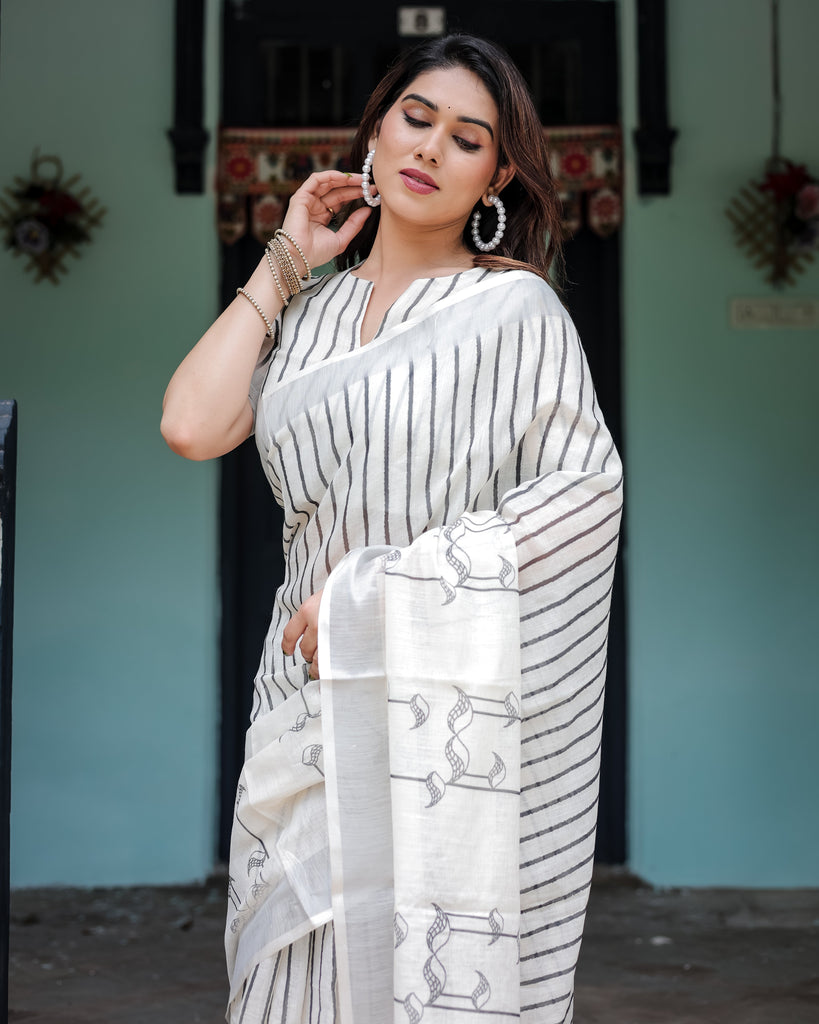 White and Black Pure Cotton Linen Saree with Striped Pattern, Blouse, and Tassel Detailing LINEN
