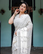 Load image into Gallery viewer, White and Black Pure Cotton Linen Saree with Striped Pattern, Blouse, and Tassel Detailing LINEN