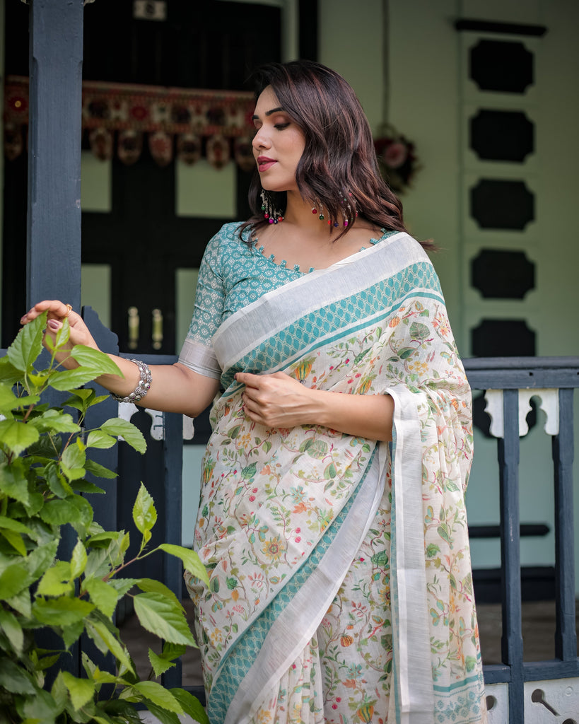 Elegant Floral Printed Pure Cotton Linen Saree in Ivory with Teal Border and Blouse, Tassels on Edges LINEN