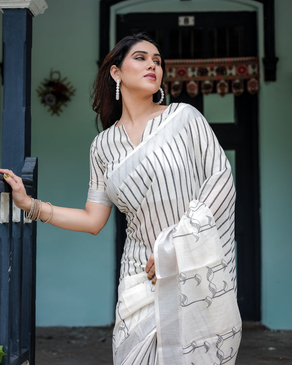 White and Black Pure Cotton Linen Saree with Striped Pattern, Blouse, and Tassel Detailing LINEN