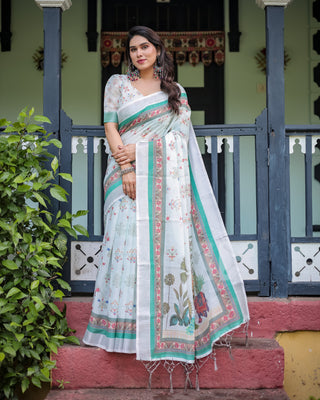 Ivory Pure Cotton Linen Saree with Elephant Motif and Floral Pattern, Green and Pink Borders, and Tassels on Edges. LINEN