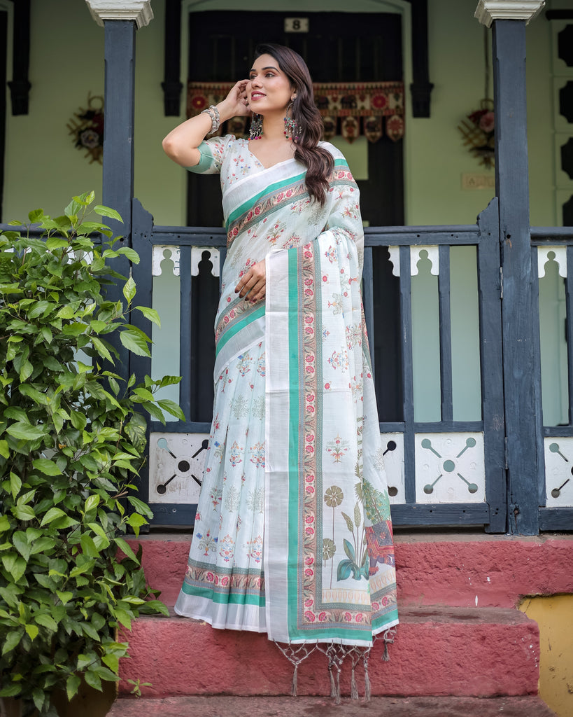 Ivory Pure Cotton Linen Saree with Elephant Motif and Floral Pattern, Green and Pink Borders, and Tassels on Edges. LINEN