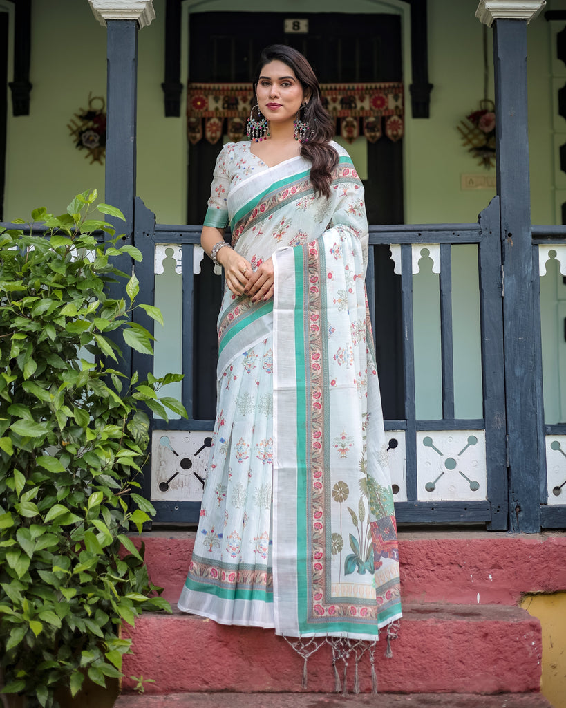 Ivory Pure Cotton Linen Saree with Elephant Motif and Floral Pattern, Green and Pink Borders, and Tassels on Edges. LINEN