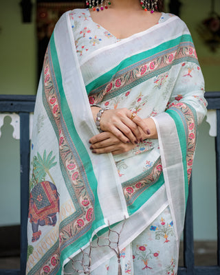 Ivory Pure Cotton Linen Saree with Elephant Motif and Floral Pattern, Green and Pink Borders, and Tassels on Edges. LINEN