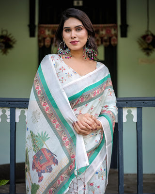 Ivory Pure Cotton Linen Saree with Elephant Motif and Floral Pattern, Green and Pink Borders, and Tassels on Edges. LINEN