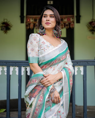 Ivory Pure Cotton Linen Saree with Elephant Motif and Floral Pattern, Green and Pink Borders, and Tassels on Edges. LINEN