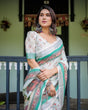 Load image into Gallery viewer, Ivory Pure Cotton Linen Saree with Elephant Motif and Floral Pattern, Green and Pink Borders, and Tassels on Edges. LINEN