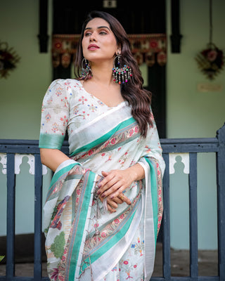 Ivory Pure Cotton Linen Saree with Elephant Motif and Floral Pattern, Green and Pink Borders, and Tassels on Edges. LINEN
