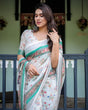 Load image into Gallery viewer, Ivory Pure Cotton Linen Saree with Elephant Motif and Floral Pattern, Green and Pink Borders, and Tassels on Edges. LINEN