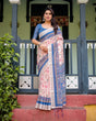 Load image into Gallery viewer, Pure Cotton Linen Saree with Blue Floral Border and Pink Leaf Design with Tassels on Edges LINEN
